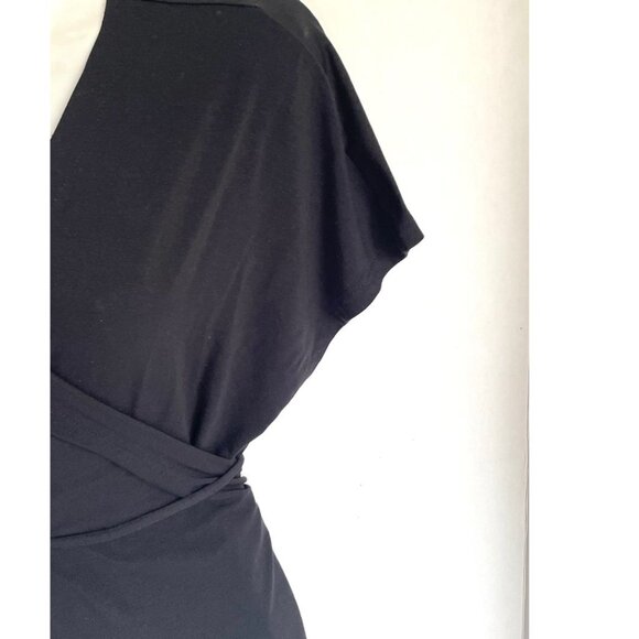 Eileen Fisher Wrap Top Medium Black V-Neck Short Sleeve Jersey Boxy Blouse Ties - Picture 6 of 7